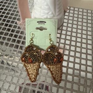 Ice Cream Cone Gold and Brown Beaded Drop Earrings